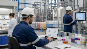 ERP para indústria química com painel de produção, estoque e indicadores industriais integrados
